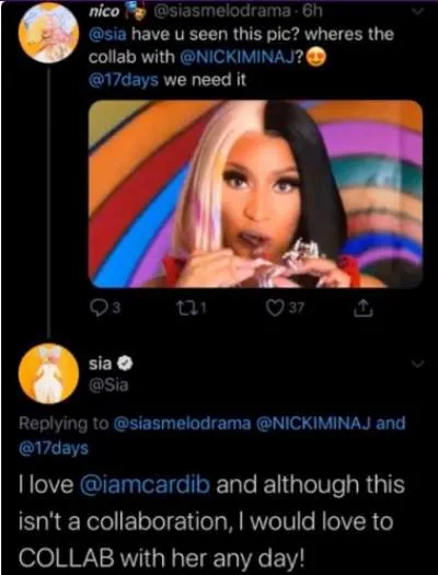 Sia Apologizes To Cardi B & Nicki Minaj on Twitter for “Misunderstanding”