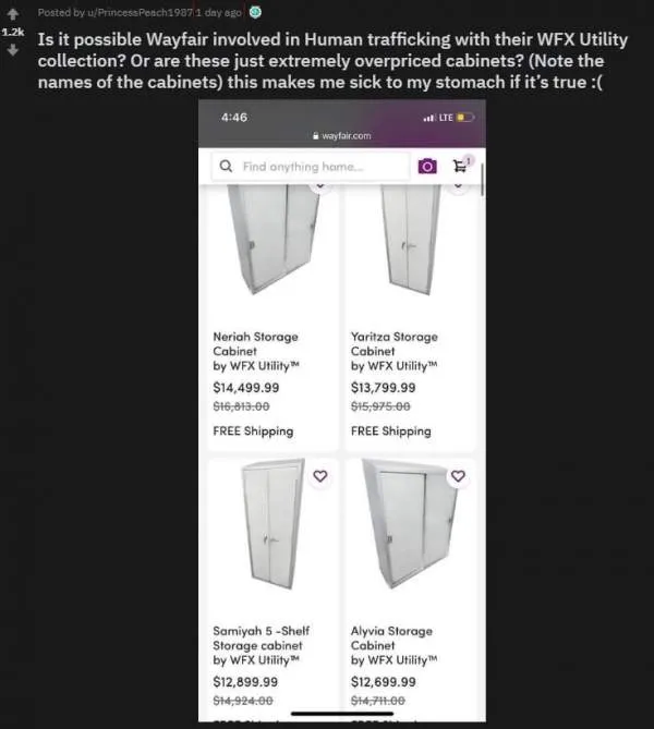 Wayfair Child Trafficking Conspiracy Theory: Neriah Storage Cabinet and others observed first by a Redditor