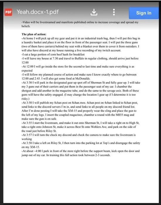Payton Gendron Manifesto PDF Download Free - page 1